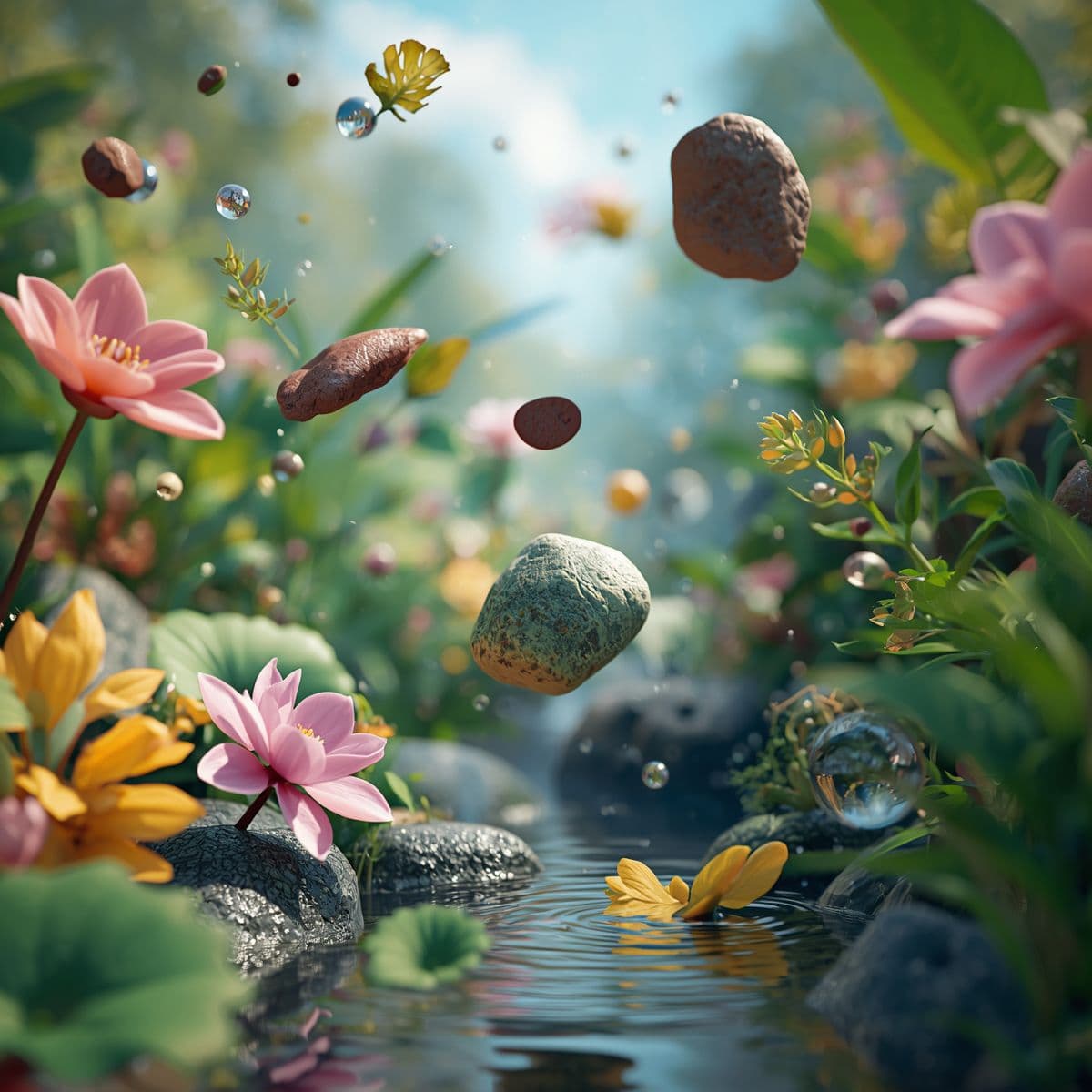 3D floating leaves and stones - luxury landscaping Dubai