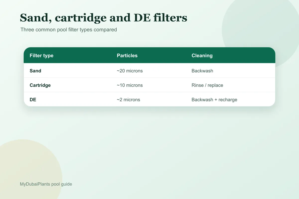 Comparison of sand, cartridge, and DE pool filters