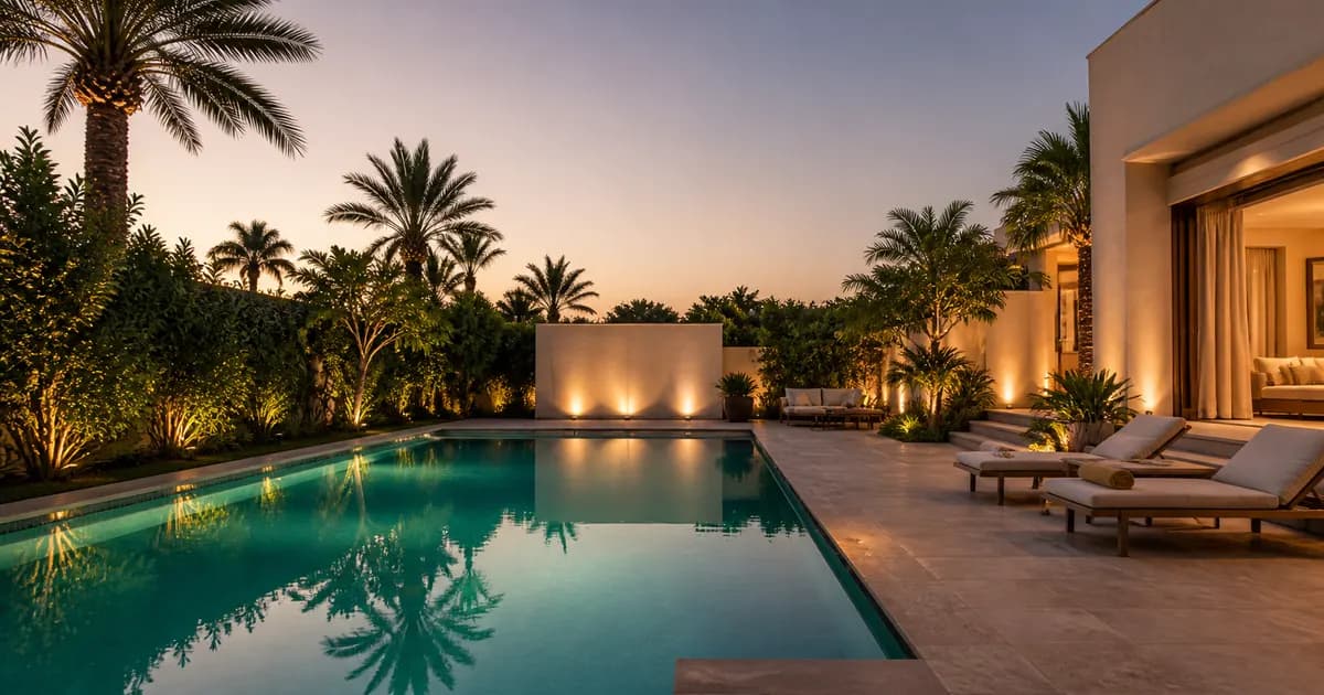 Luxury concrete swimming pool with deck at a Dubai villa